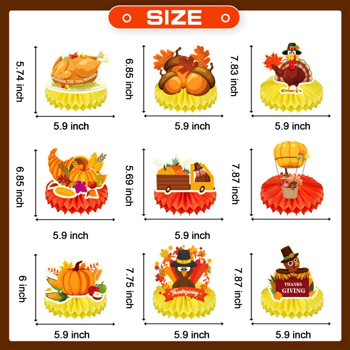Thanksgiving centerpiece set size chart showing 7.8–8.5 in honeycomb toppers, 9 pieces