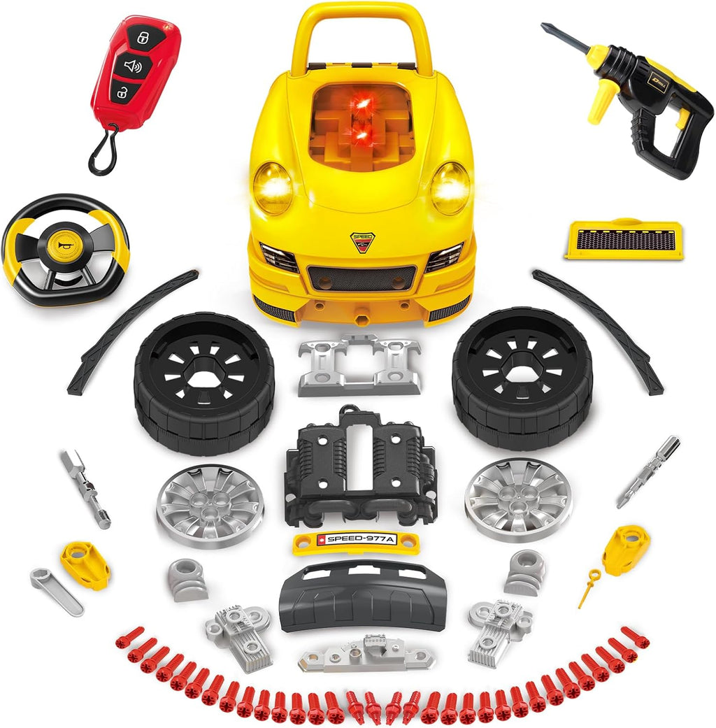 Toy truck workshop set parts assortment, remote control, wheels, and engine components