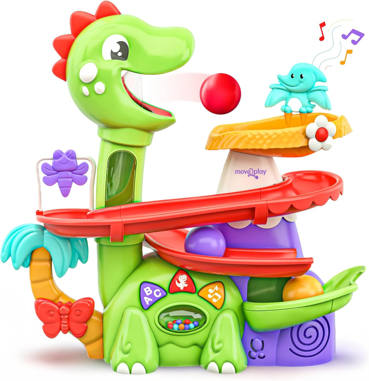 Air-powered dinosaur ball popper toy with green dino, red track, and colorful base