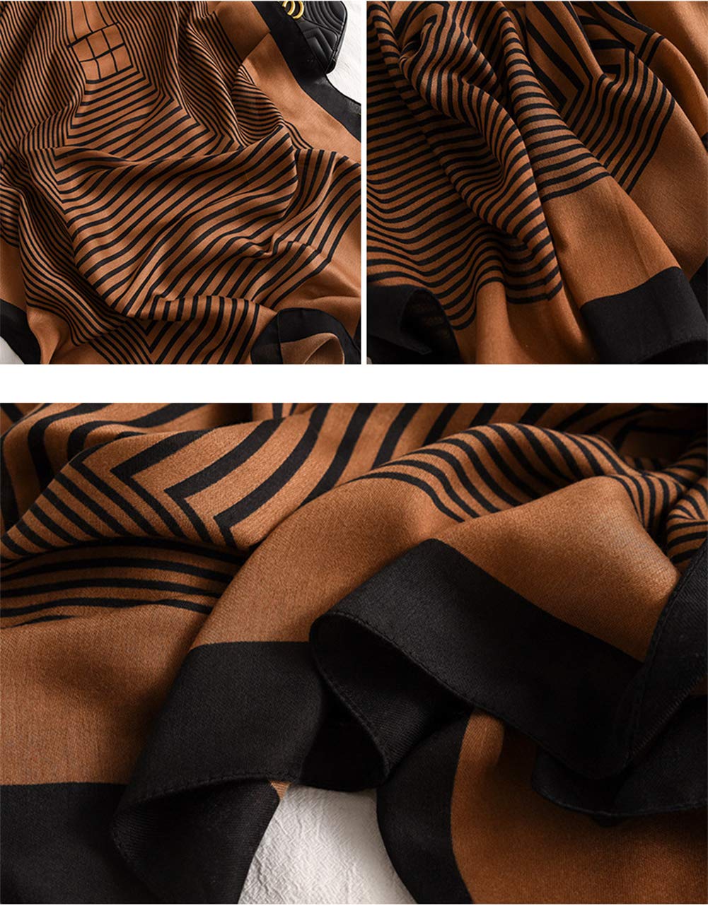 Brown striped scarf with black wavy lines and dark corner accents, close-up folds