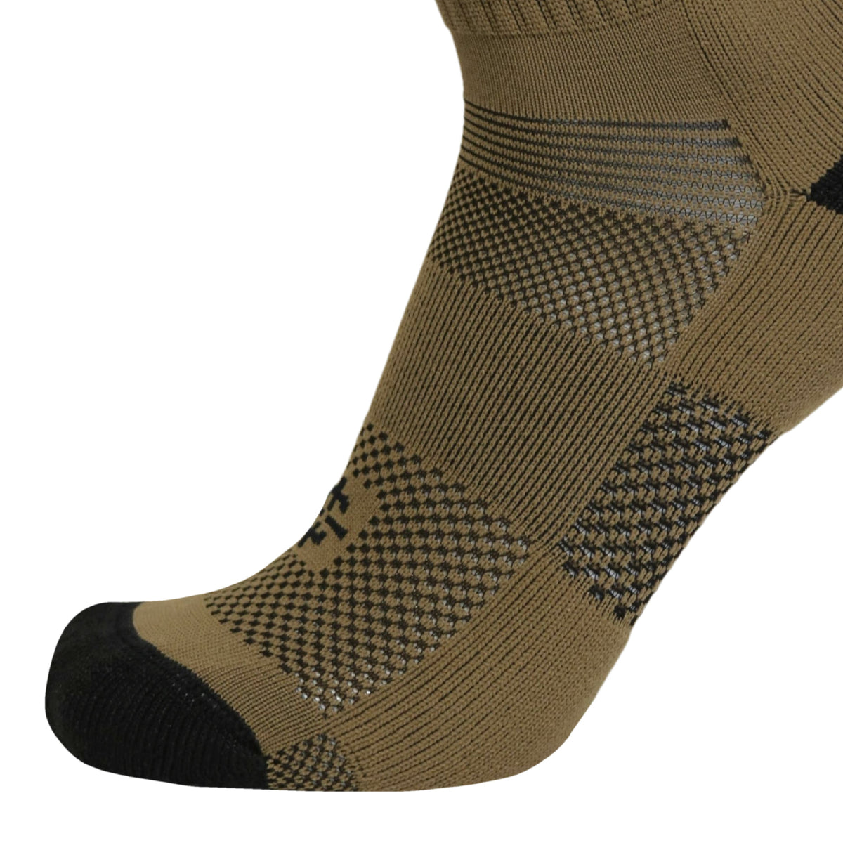 Coyote Brown jungle sock with dark toe and black-and-brown knit panel pattern