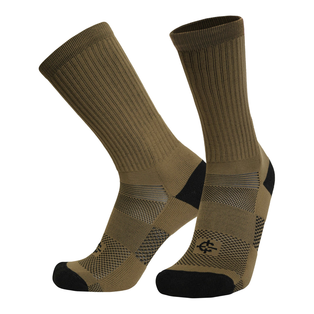OD green crew sock pair with vented mesh panels and black cushioned toe