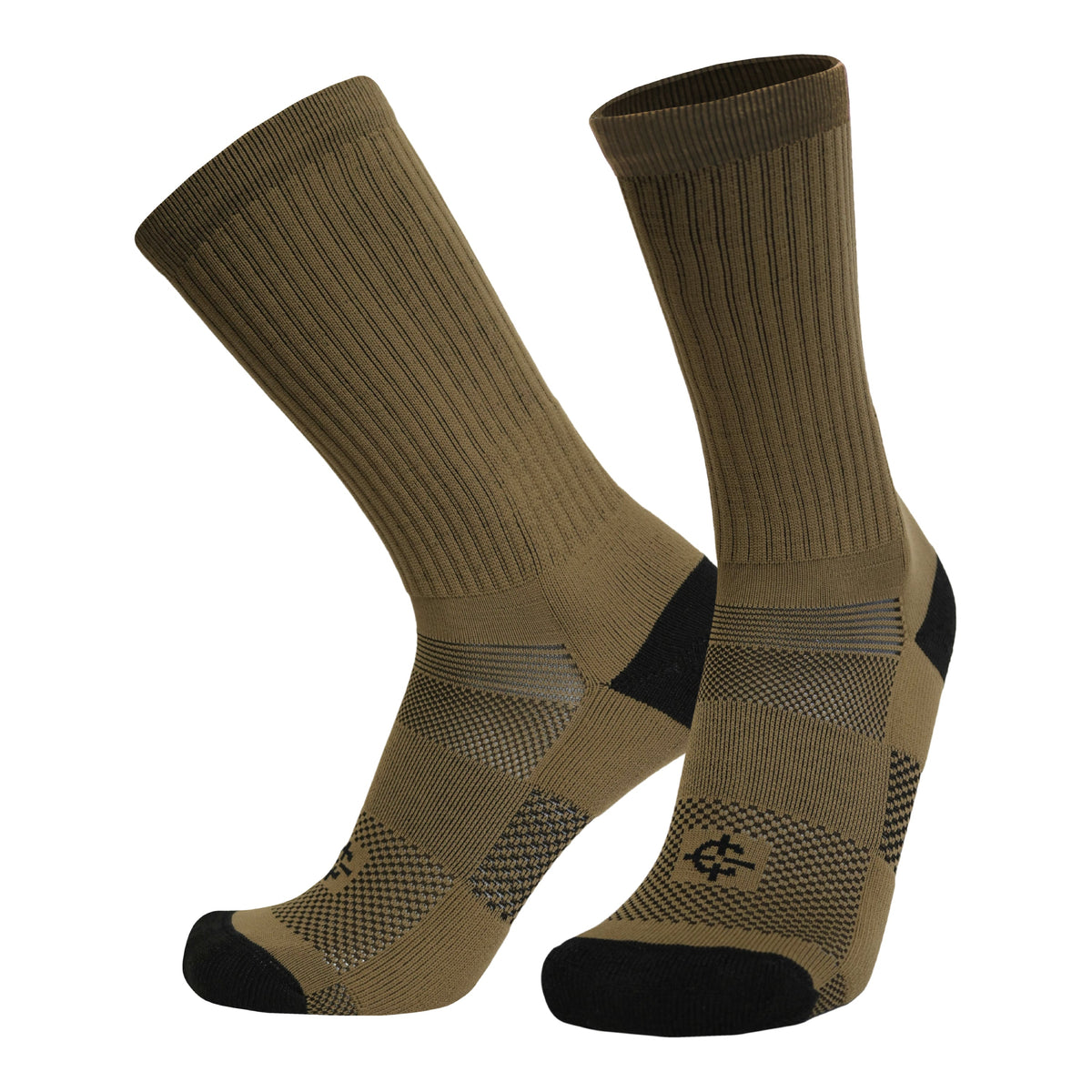 OD green crew sock pair with vented mesh panels and black cushioned toe
