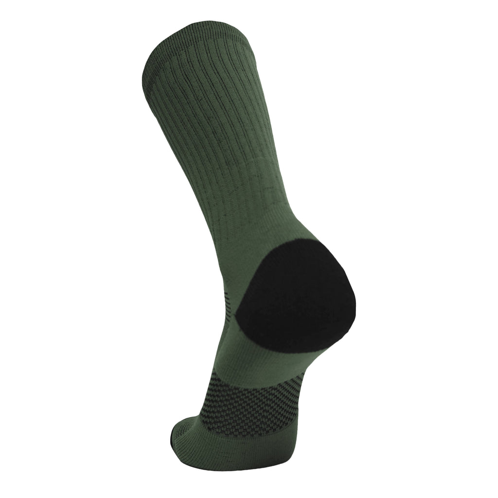 OD Green jungle sock with black heel and toe, ribbed crew fit with knit paneling