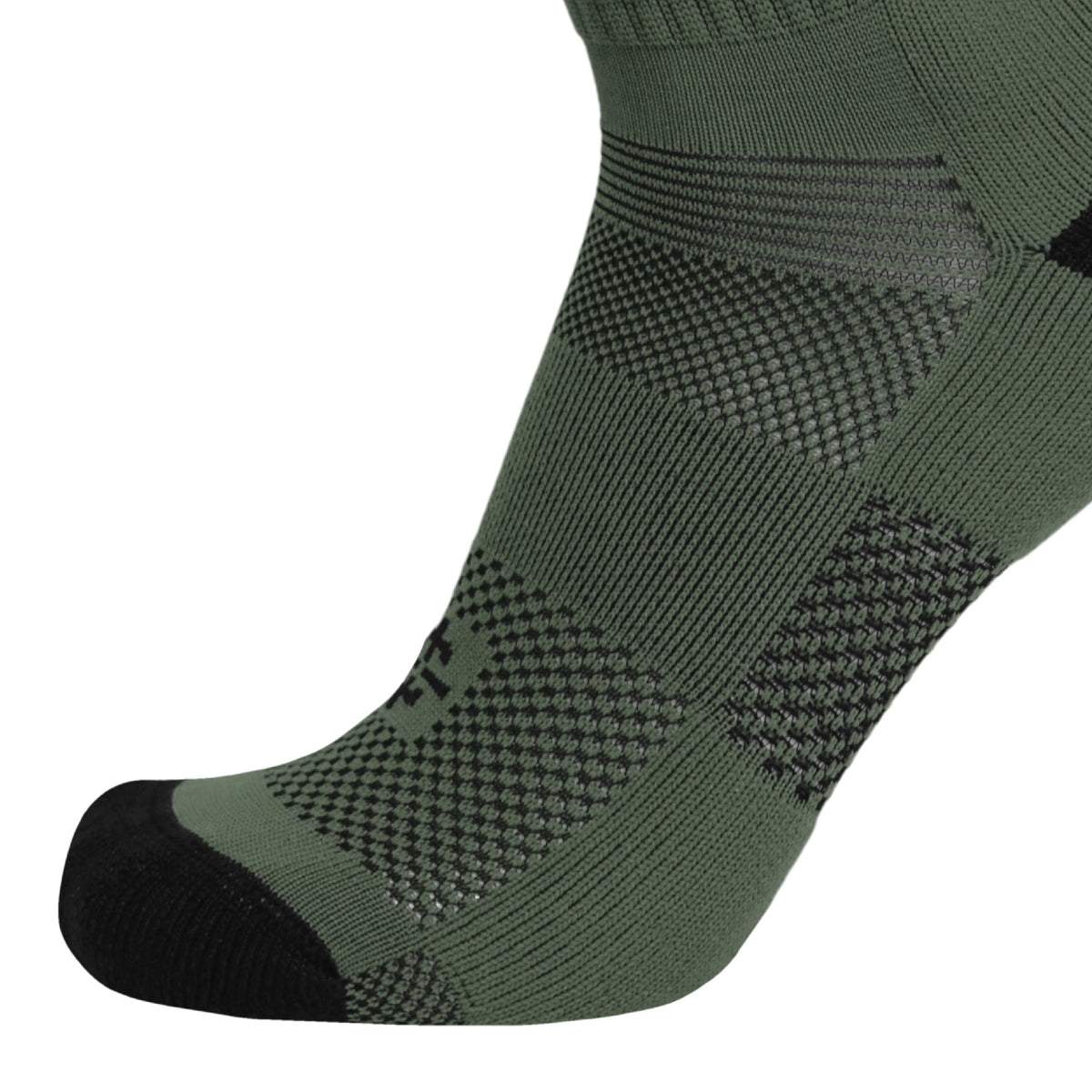 OD Green jungle sock with dark toe and black-and-green knit diamond stripe panels