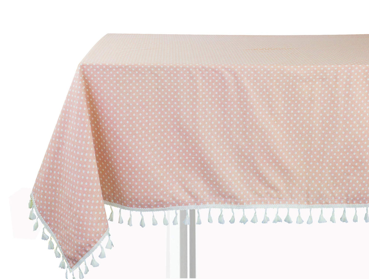Cotton-blend tablecloth with light pink dot pattern and white tassel fringe