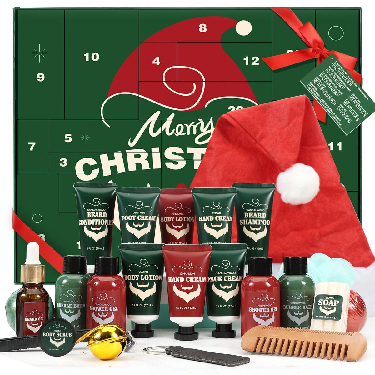 Beard care advent calendar with green box, red pouch, and grooming accessories