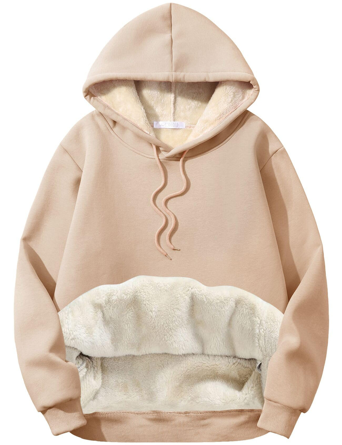 Men's sherpa-lined fleece hoodie in beige with drawstring hood and white sherpa kangaroo pocket