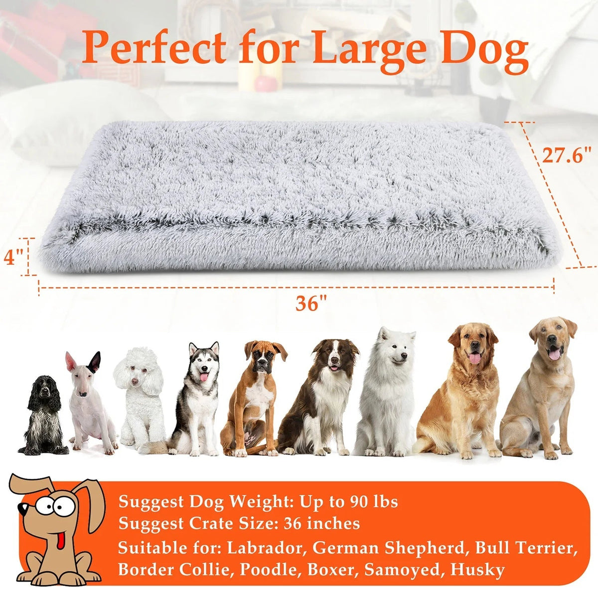 Gray rectangular large dog bed, 36 x 27.6 in