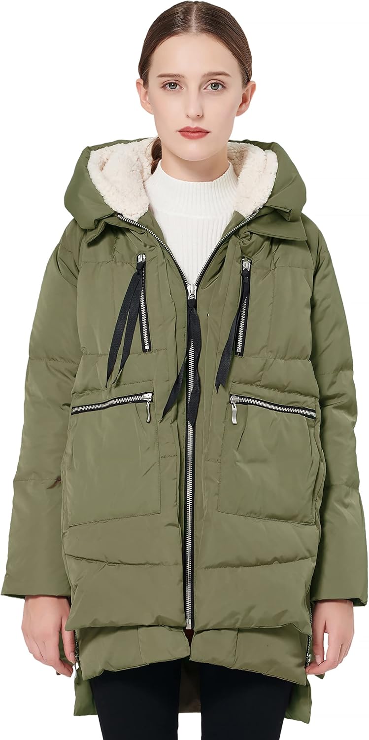 Women’s thickened down jacket, olive green with faux-fur hood trim and zip front