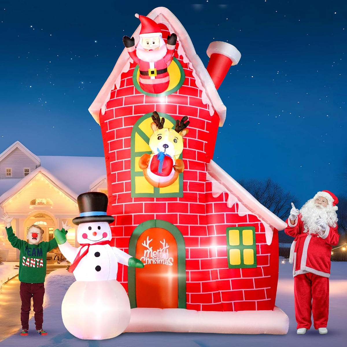 Inflatable brick-style holiday house decoration with Santa figure and reindeer window