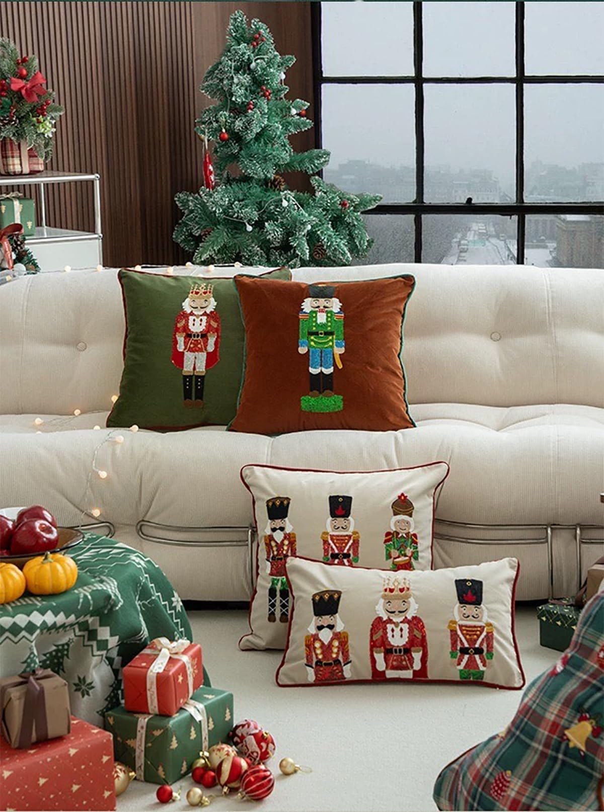 Green velvet throw pillow cover with embroidered nutcracker figure, on sofa