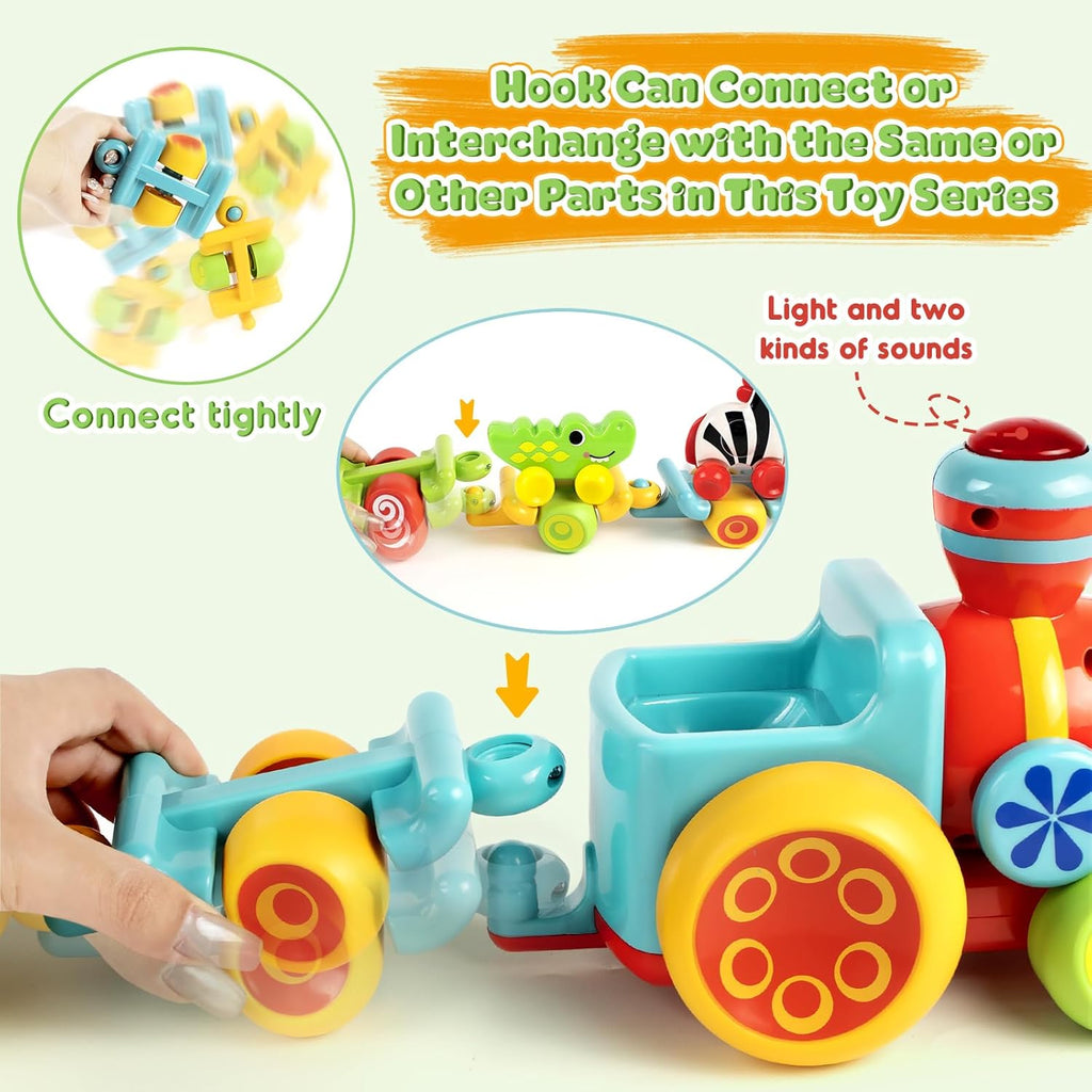 Blue and red animal train toy with movable connector pieces and hand holding