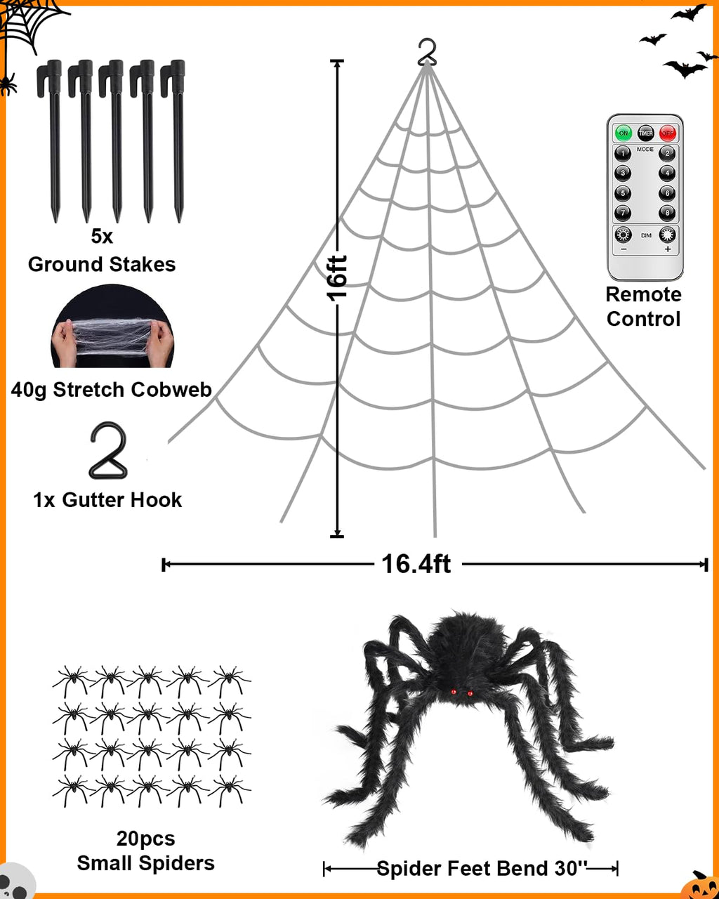 Spider web LED light kit diagram with stakes, hook, remote, and small spider set