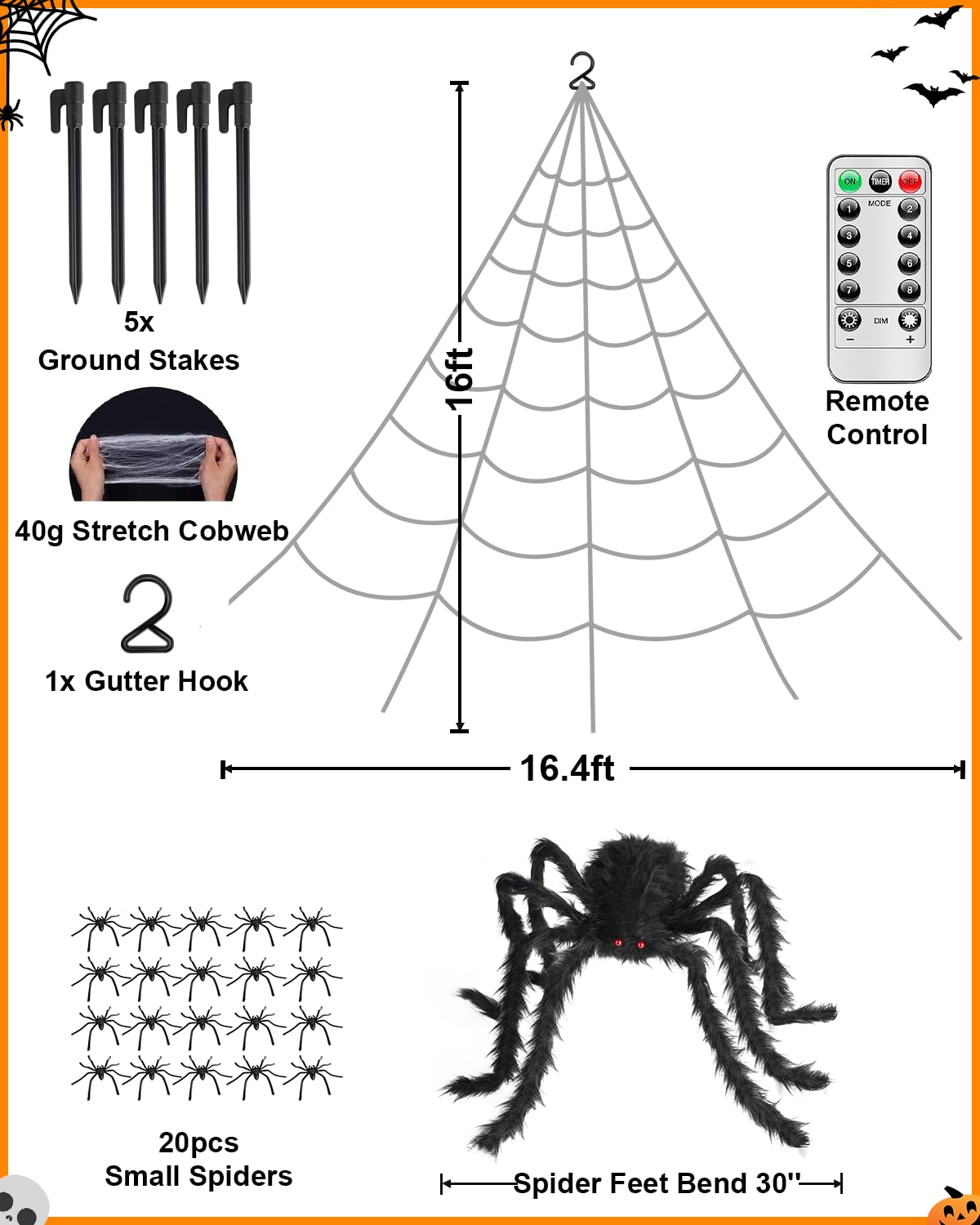 Spider web LED light kit diagram with stakes, hook, remote, and small spider set