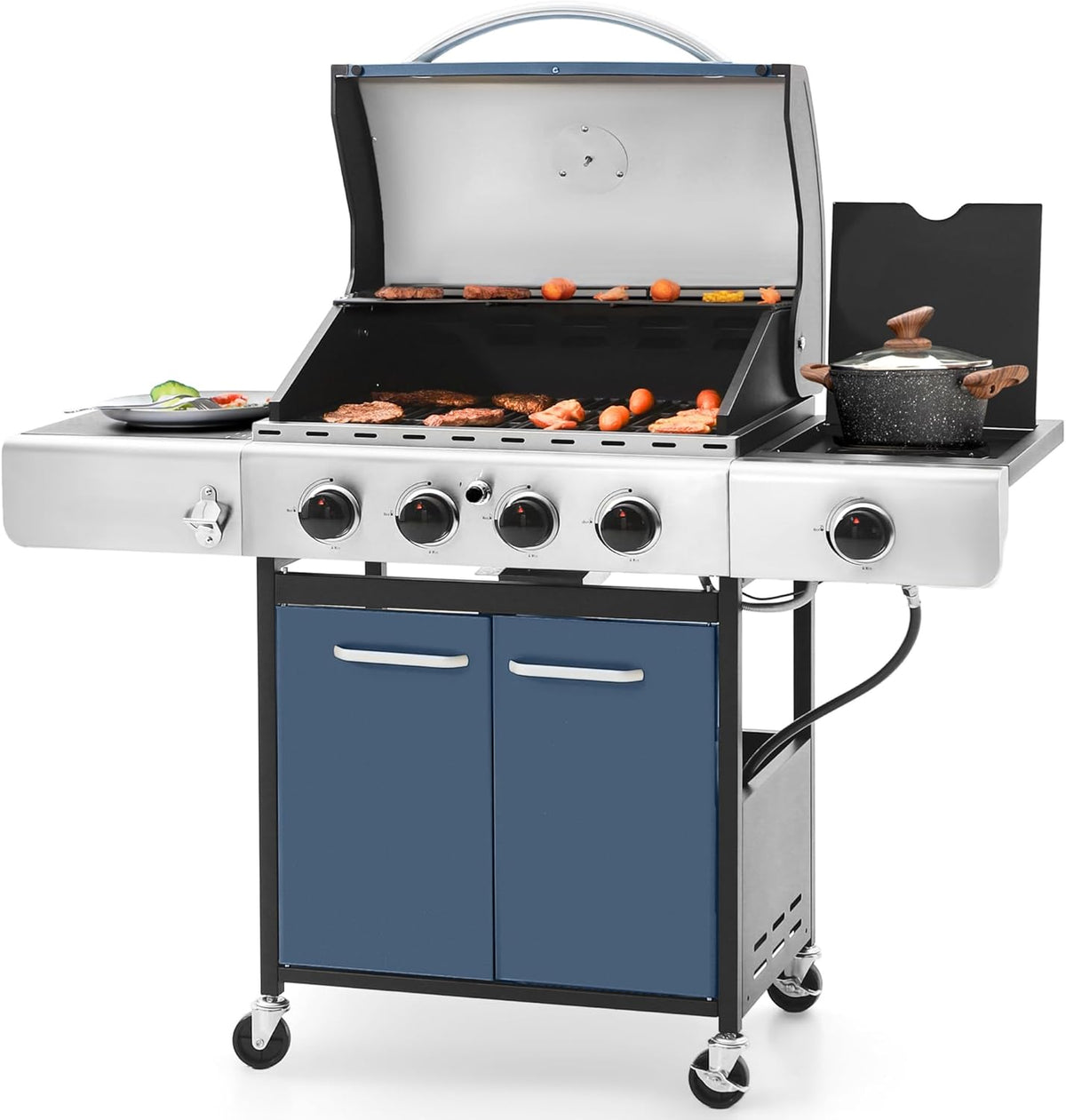 Blue 4-burner gas BBQ grill with side burner and cast iron grates