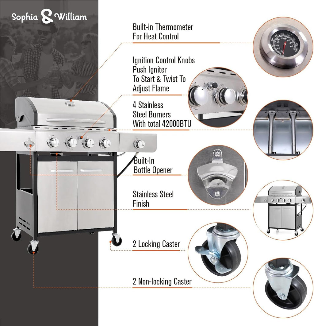 Stainless propane BBQ grill with thermometer, ignition knobs, and 4 burners