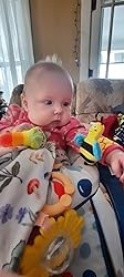 Baby sitting with bug rattle socks and colorful animal wrist rattle toys