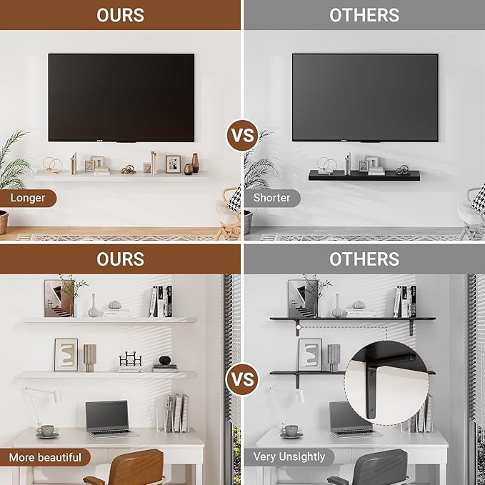 White floating wall shelves display layout showing longer, more stable shelf coverage