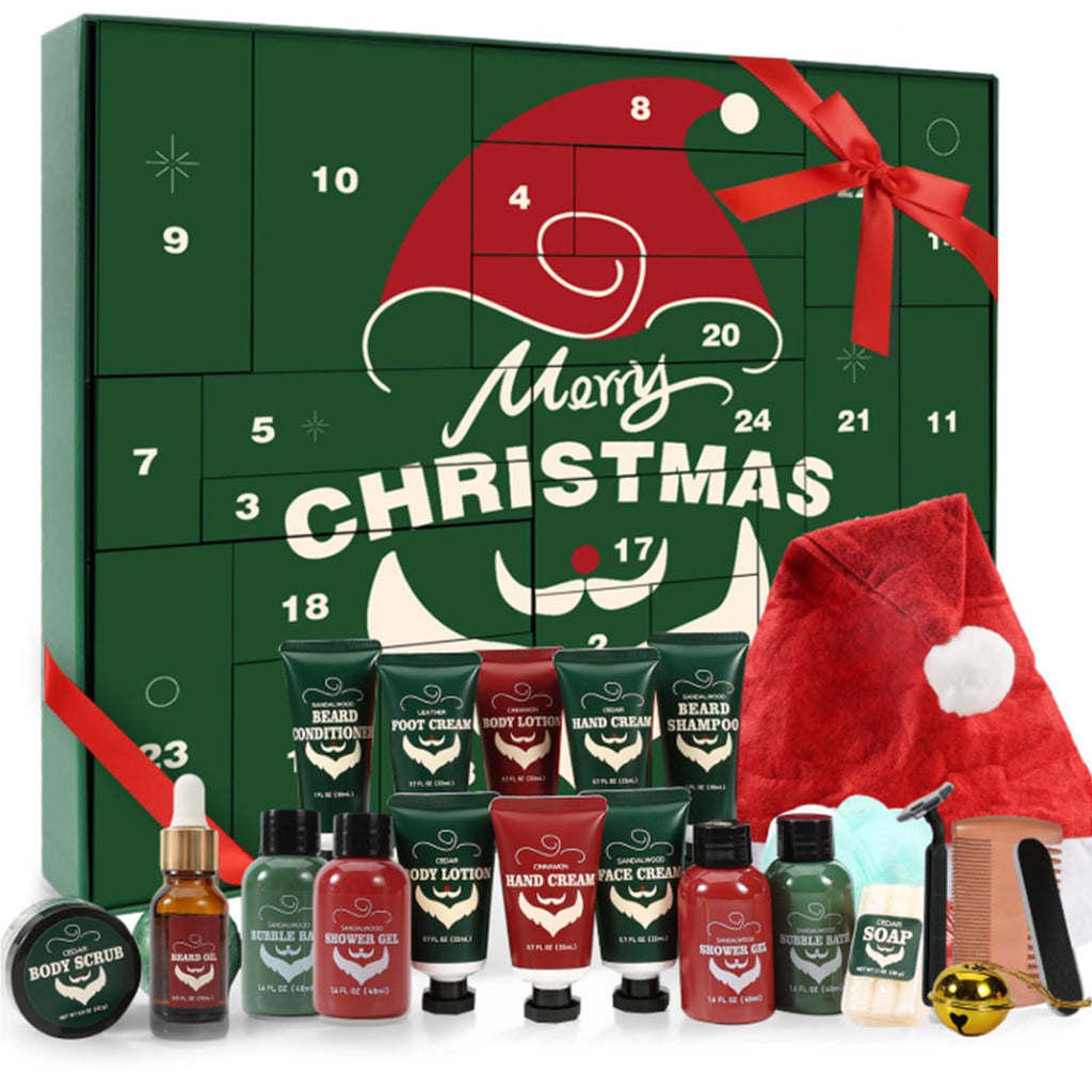 Christmas advent calendar box in green with red top section and ribbon bow