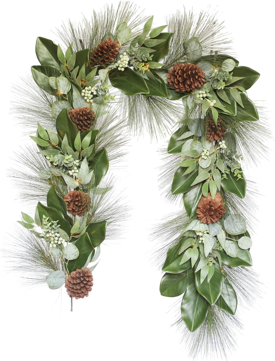 Holiday faux garland with dark green pine needles, eucalyptus leaves, and pinecones