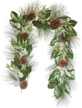 Dark green faux garland with eucalyptus leaves and pinecone clusters