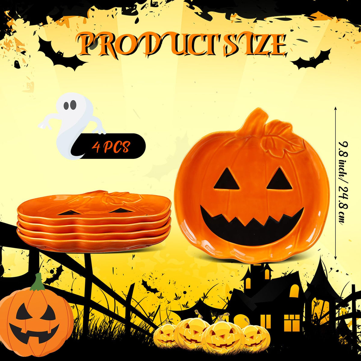 Four orange jack-o'-lantern ceramic candy dishes with carved faces