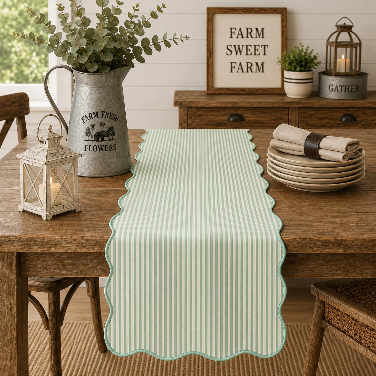 Sage green and white striped scalloped table runner, lined farmhouse style