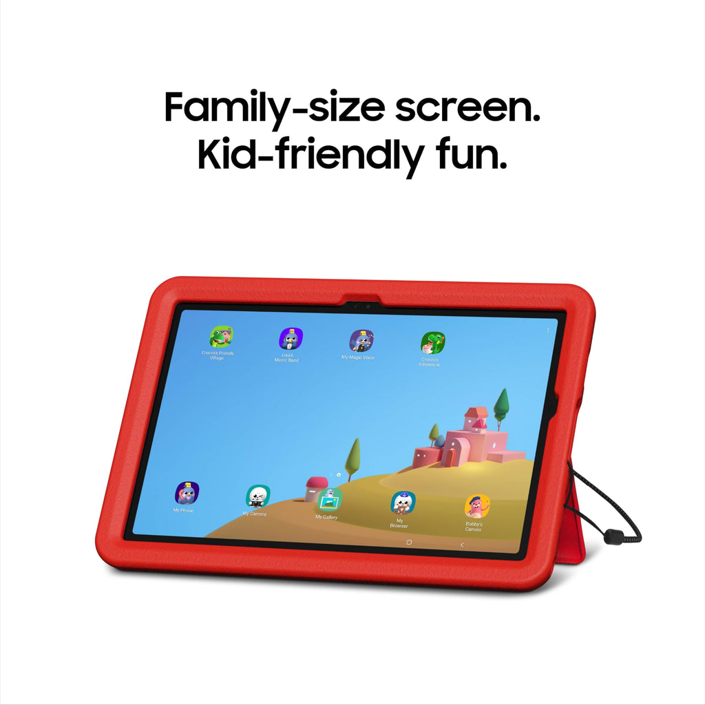 Red kids tablet with kid-friendly home screen shown in landscape view