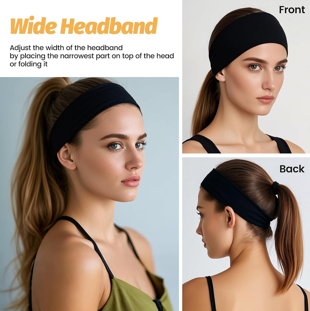 Black wide elastic hair headband, shown front and back on model