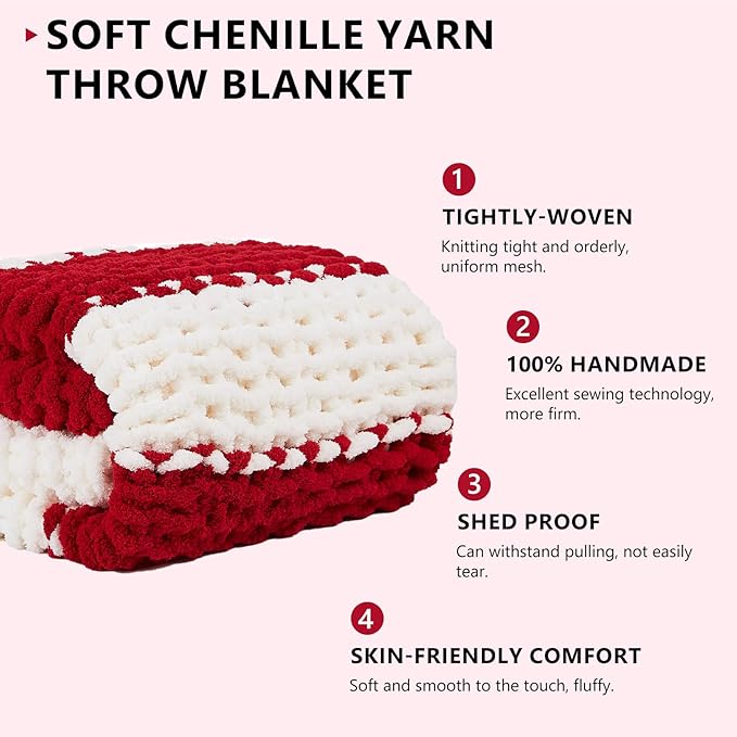 Rolled chunky chenille throw blanket with red and white stripe cable texture