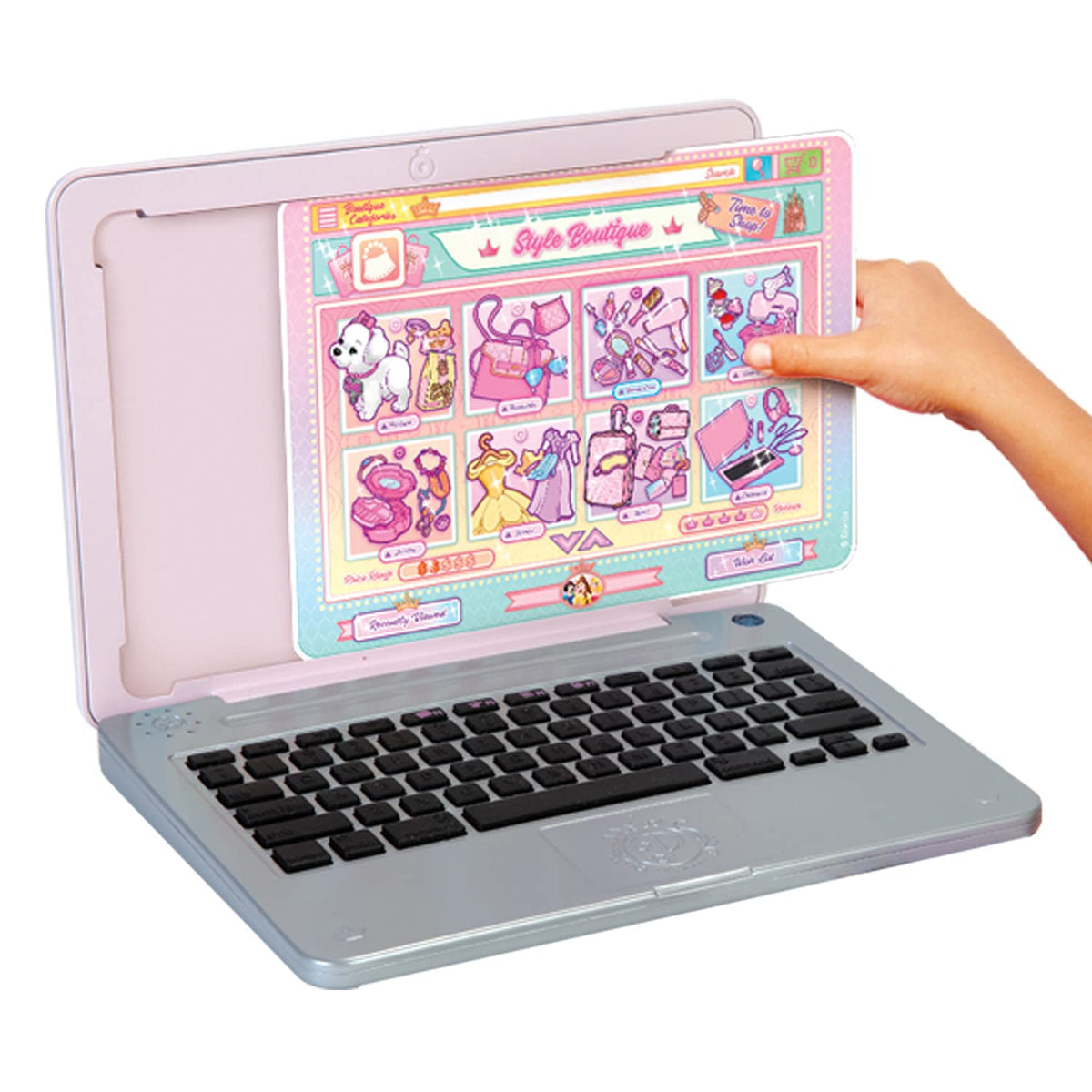 Pink kids laptop with open screen showing princess stickers and a black keyboard