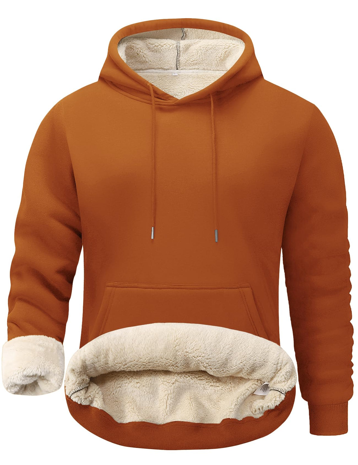 Men's sherpa-lined fleece hoodie, caramel brown with white faux-fur pouch panel