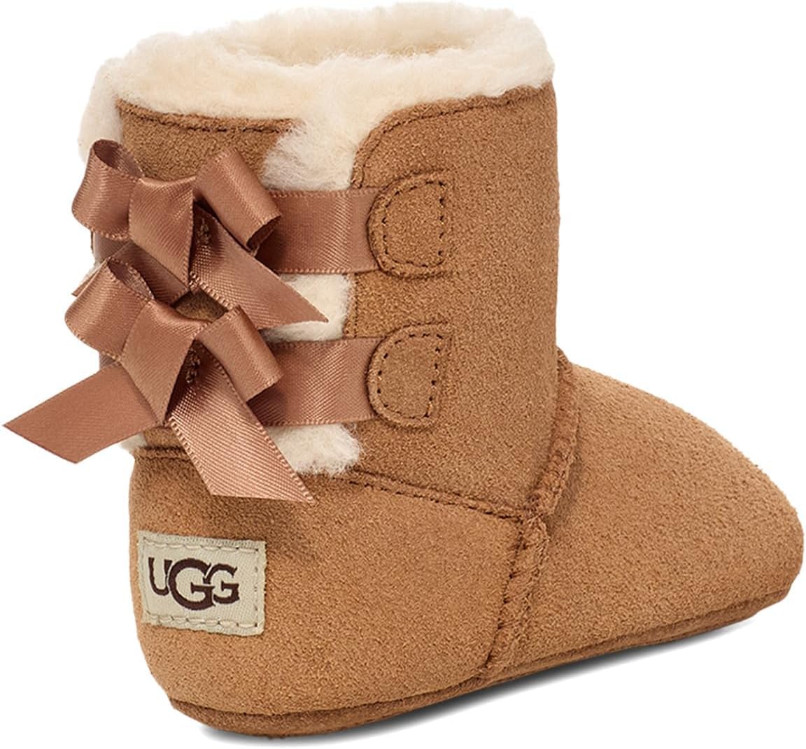 UGG baby Bailey bow boots in chestnut suede with large satin bow and faux-fur cuff