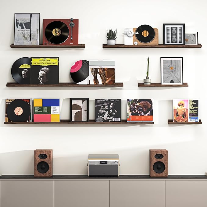 Walnut floating picture ledge shelves set of 2 with wide ledge for photos and vinyl records.