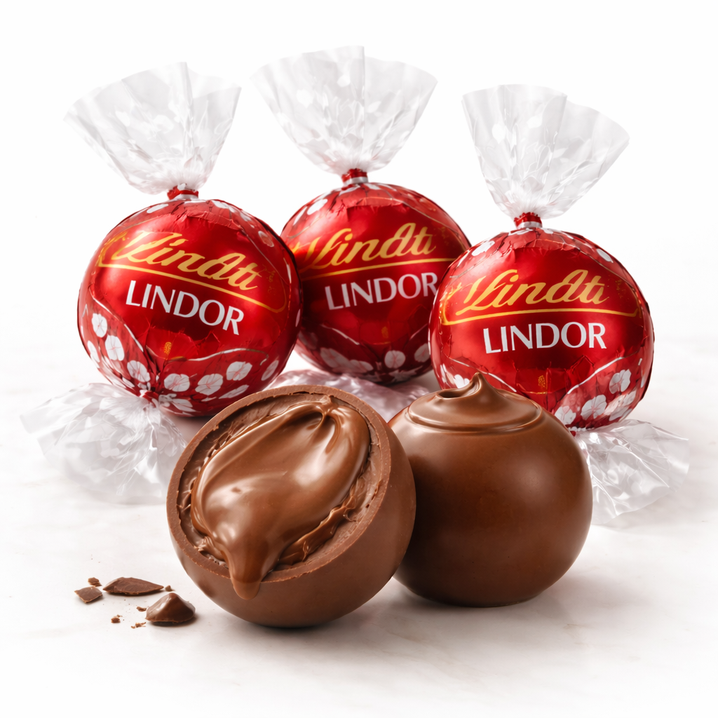 Red Lindt LINDOR milk chocolate truffles; one opened to show smooth filling.