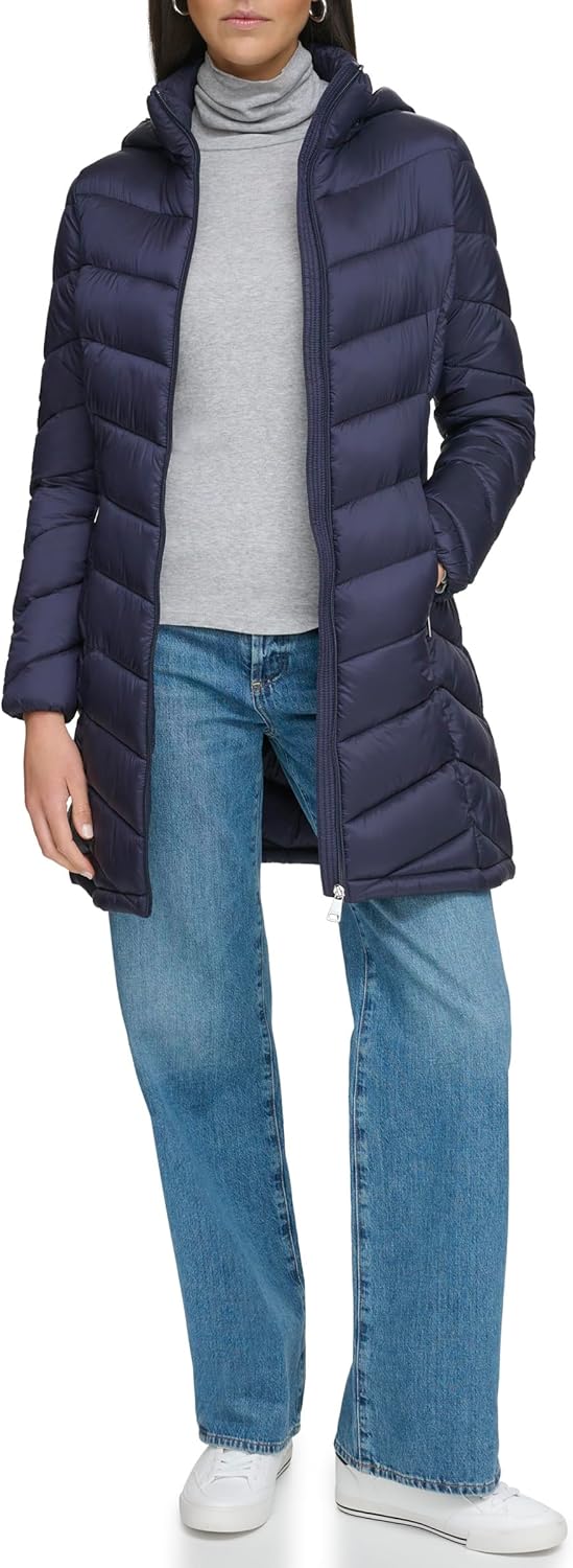 Long hooded puffer jacket with zip front and side pockets, dark navy