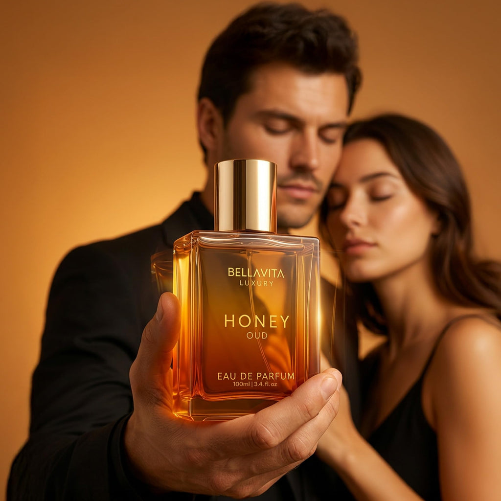 Honey Oud eau de parfum bottle with gold cap, amber glass