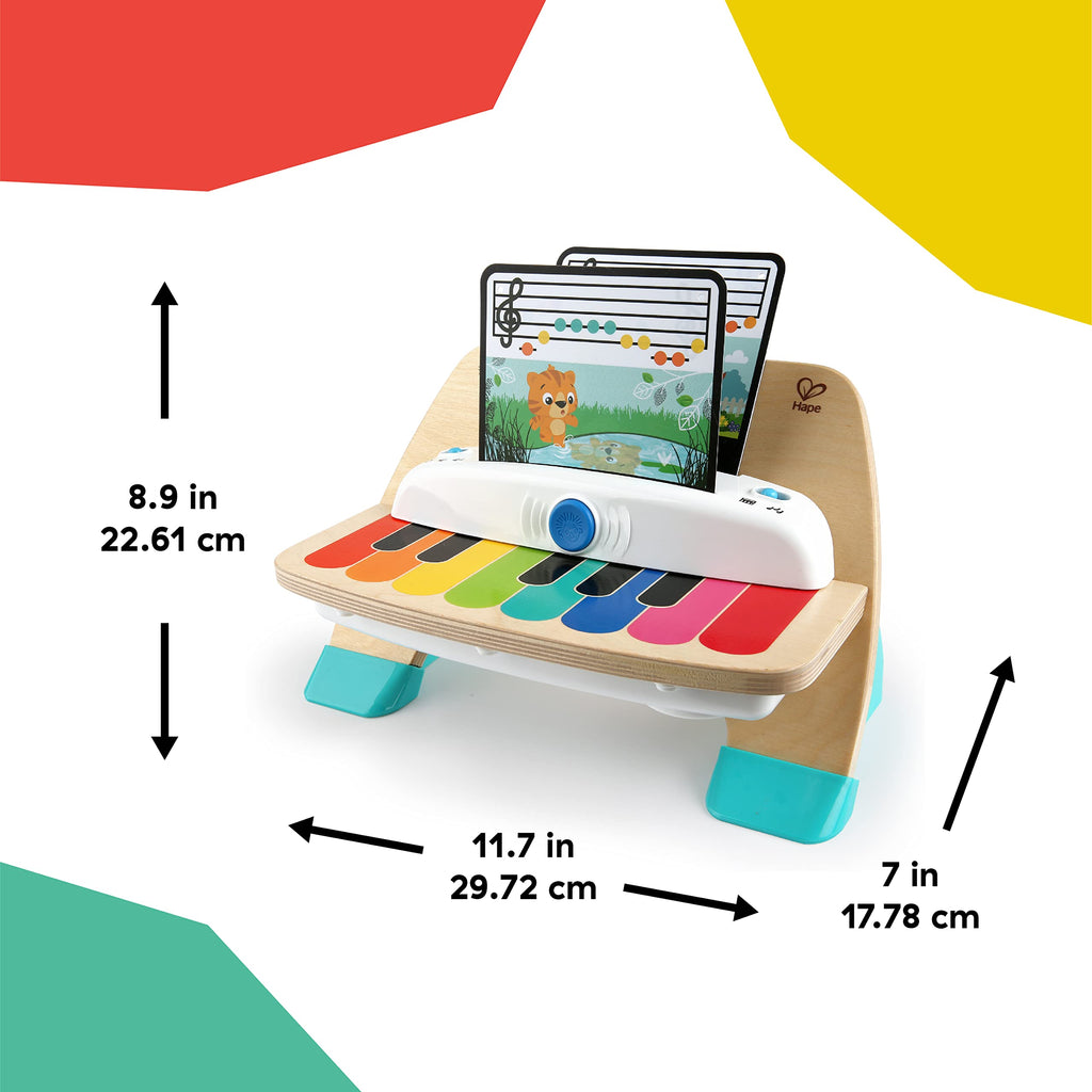 Wooden magic touch piano toy with colorful keys and front music display, size shown