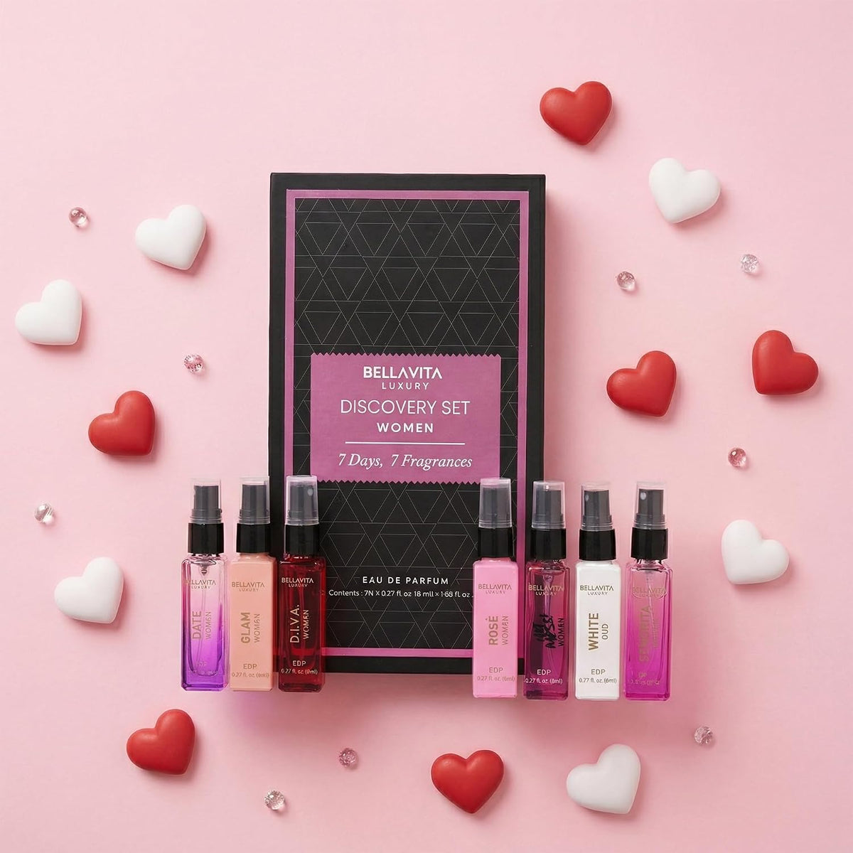 Women’s perfume discovery set with black purple box and seven 8ml spray bottles