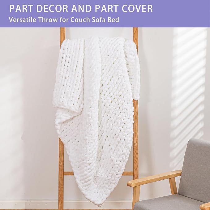 White chunky knit throw blanket, rope-knot cable pattern, draped on chair back