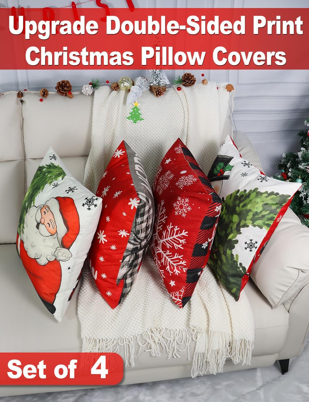 Set of 4 Christmas pillow covers with Santa, red snowflake, and pine tree patterns
