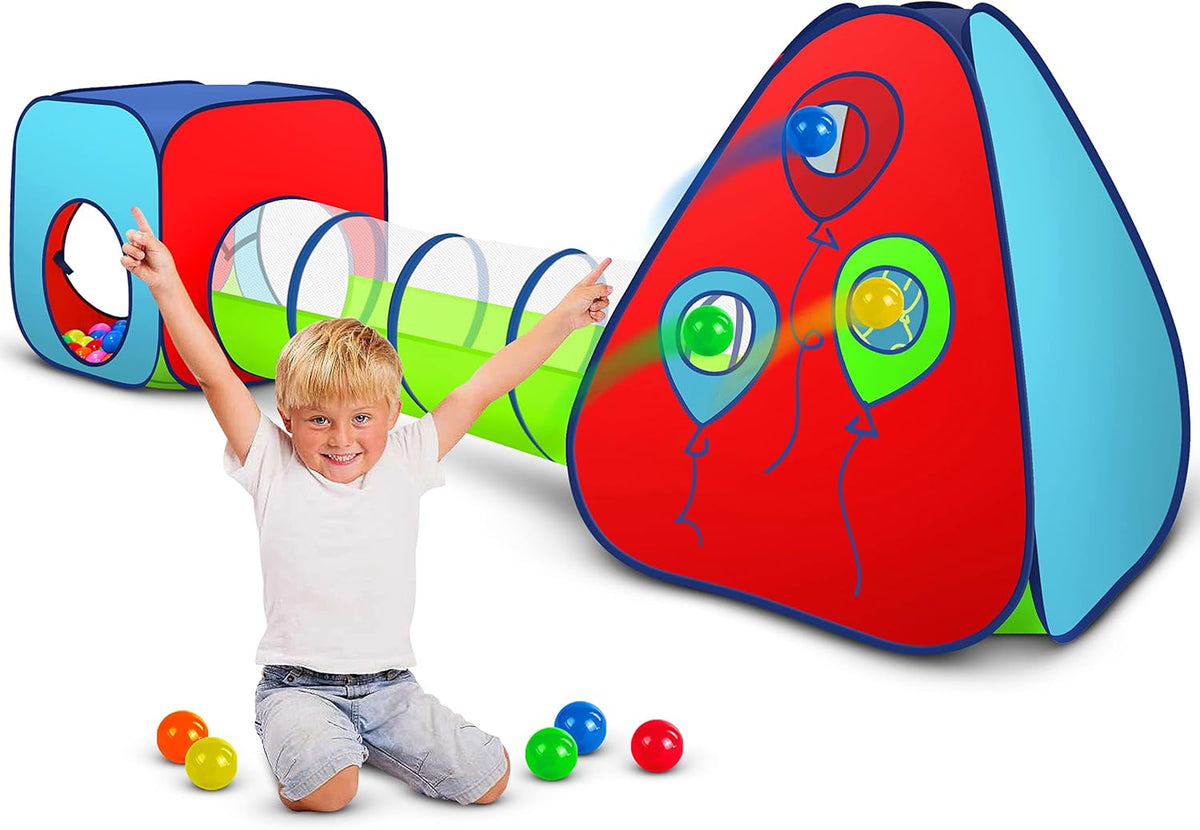 Red and blue triangular tent with circular window plus tunnel, with colorful ball pieces
