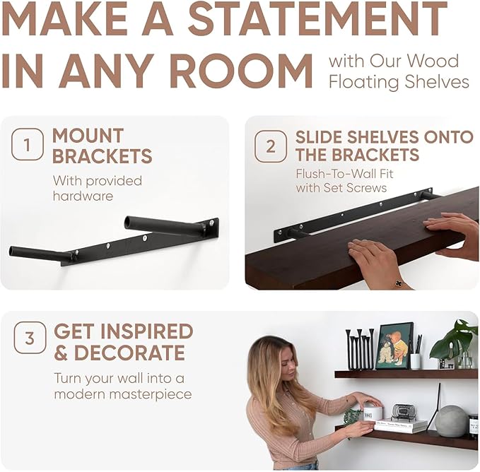 Dark brown floating shelves with included mount brackets and flush-to-wall design