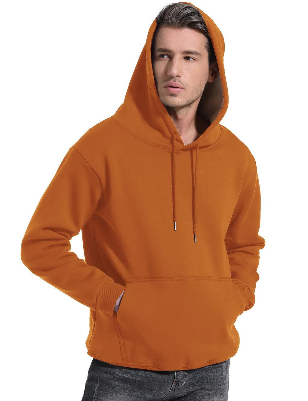 Orange pullover hoodie with hood drawstring and kangaroo pocket; sherpa-lined fleece.