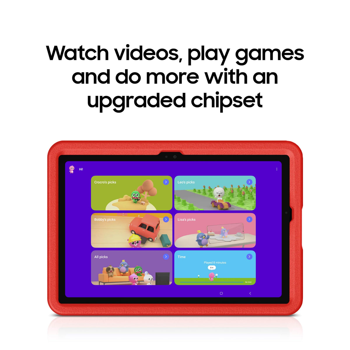 Red kids tablet displaying a grid of game tiles on the screen