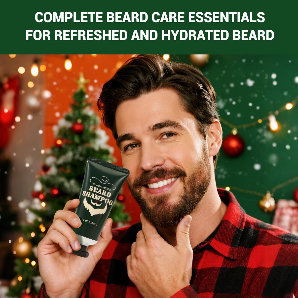 Beard grooming kit tube held by smiling man in festive setting
