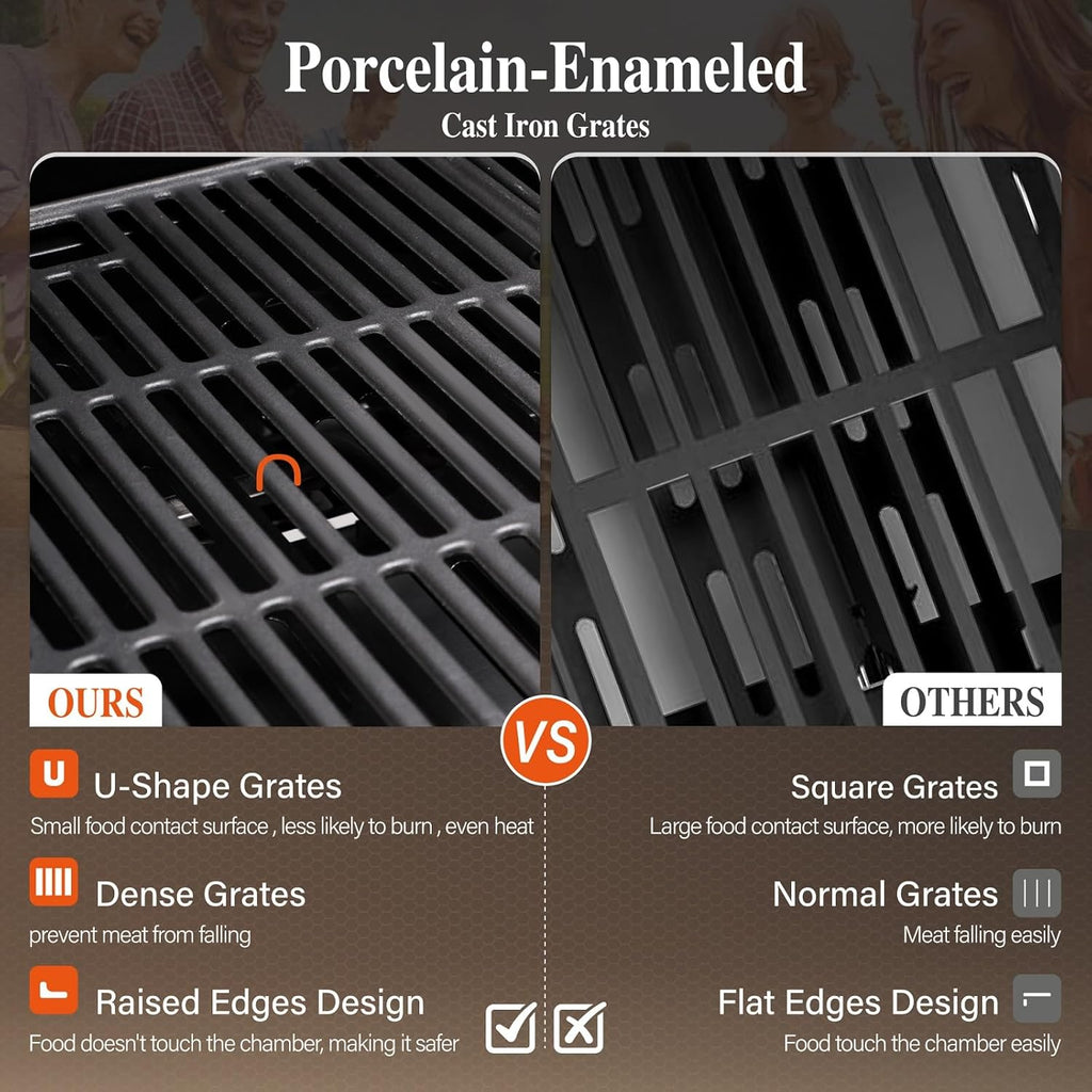 Porcelain-enameled cast iron grill grates, close-up