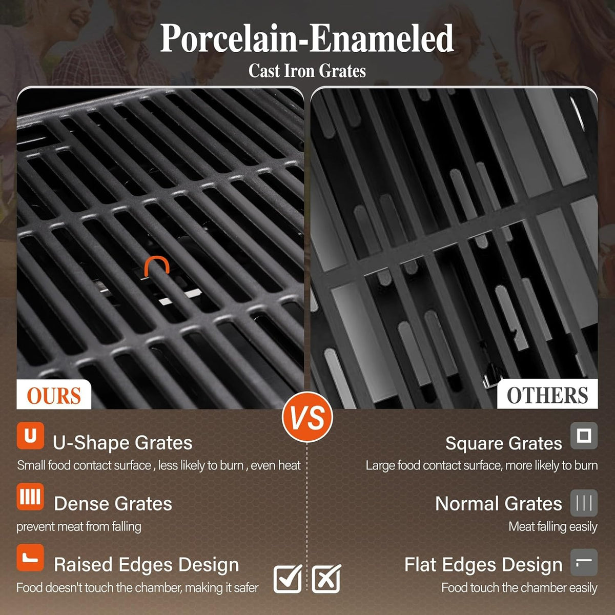 Porcelain-enameled cast iron grill grates, close-up