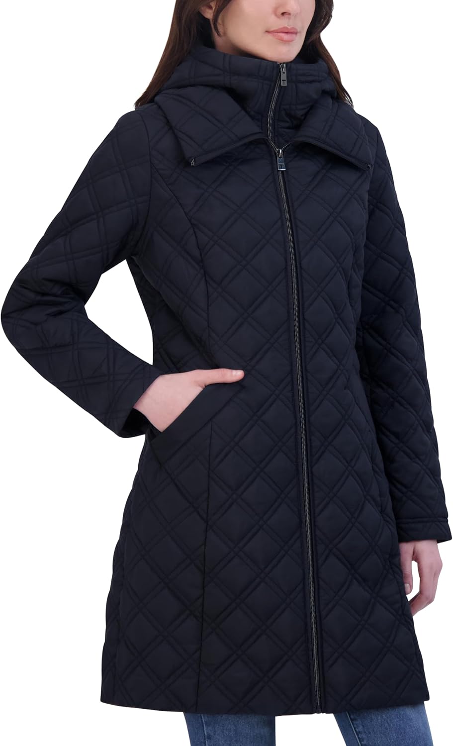 Dark quilted hooded jacket with diamond stitching and front zipper; flap detail pockets